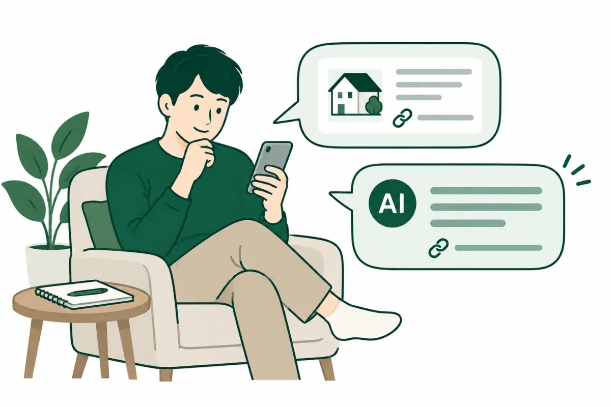 スマートフォンで企業ページのURLをAIに渡し、情報を調べる人のイラスト