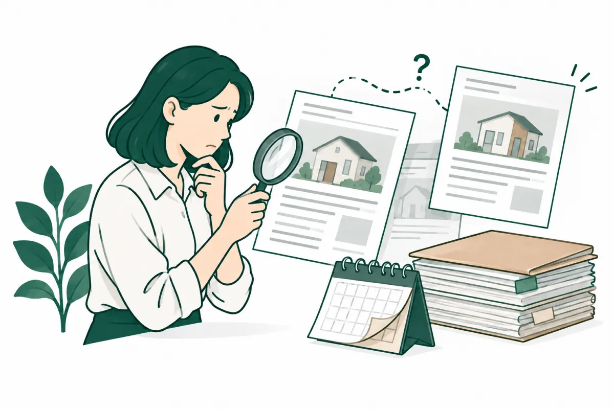 記事の出どころと更新時点を資料やカレンダーで確かめる場面のイラスト