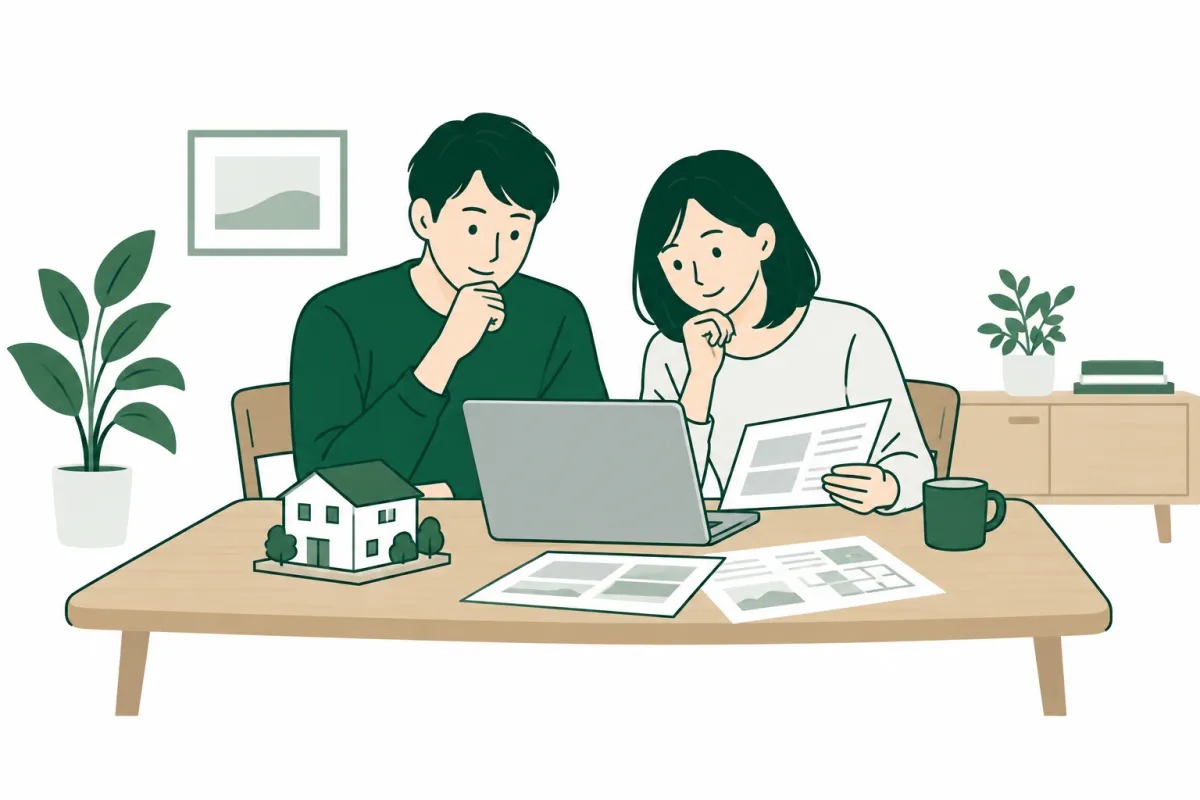 自宅でパソコンと資料を見ながら住まいの情報を調べる二人のイラスト