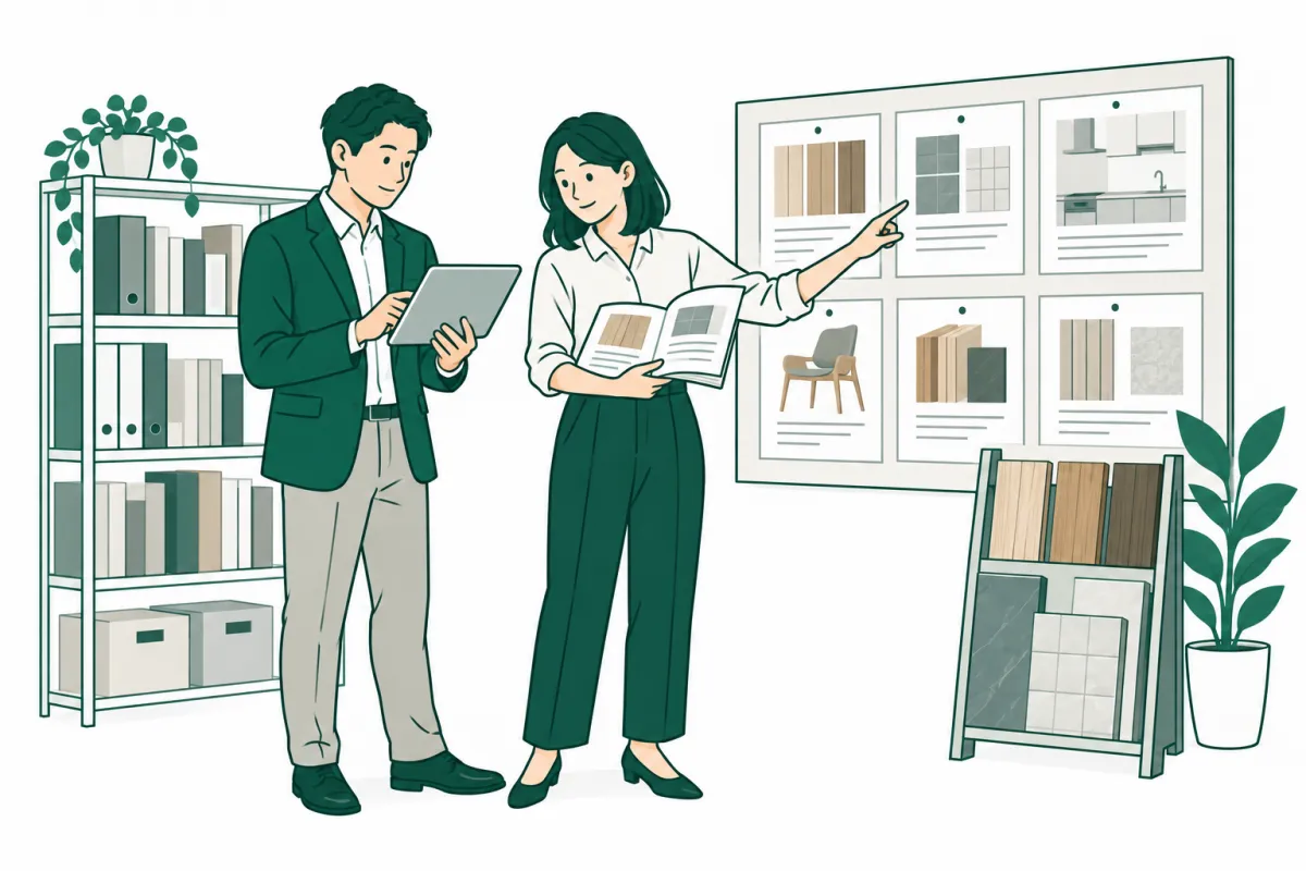 建材・住宅設備・家具の資料ボードを、カタログやタブレットと照らし合わせて確認する業界担当者のイラスト